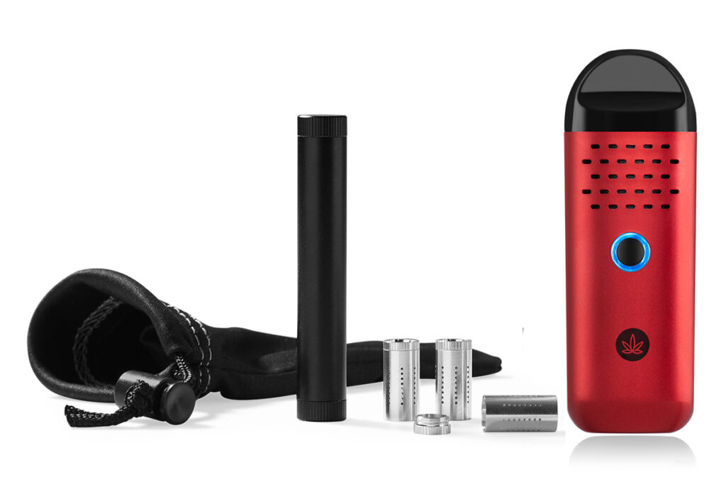 Herby portable dry herb vaporizer complete on-the-go kit in carmine red